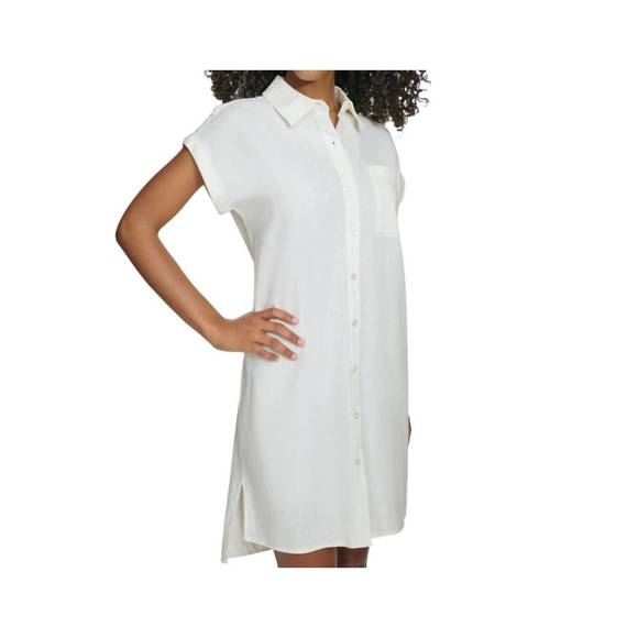 NEW CALVIN KLEIN women linen blend button front midi shirt dress in off white cr - Picture 1 of 2